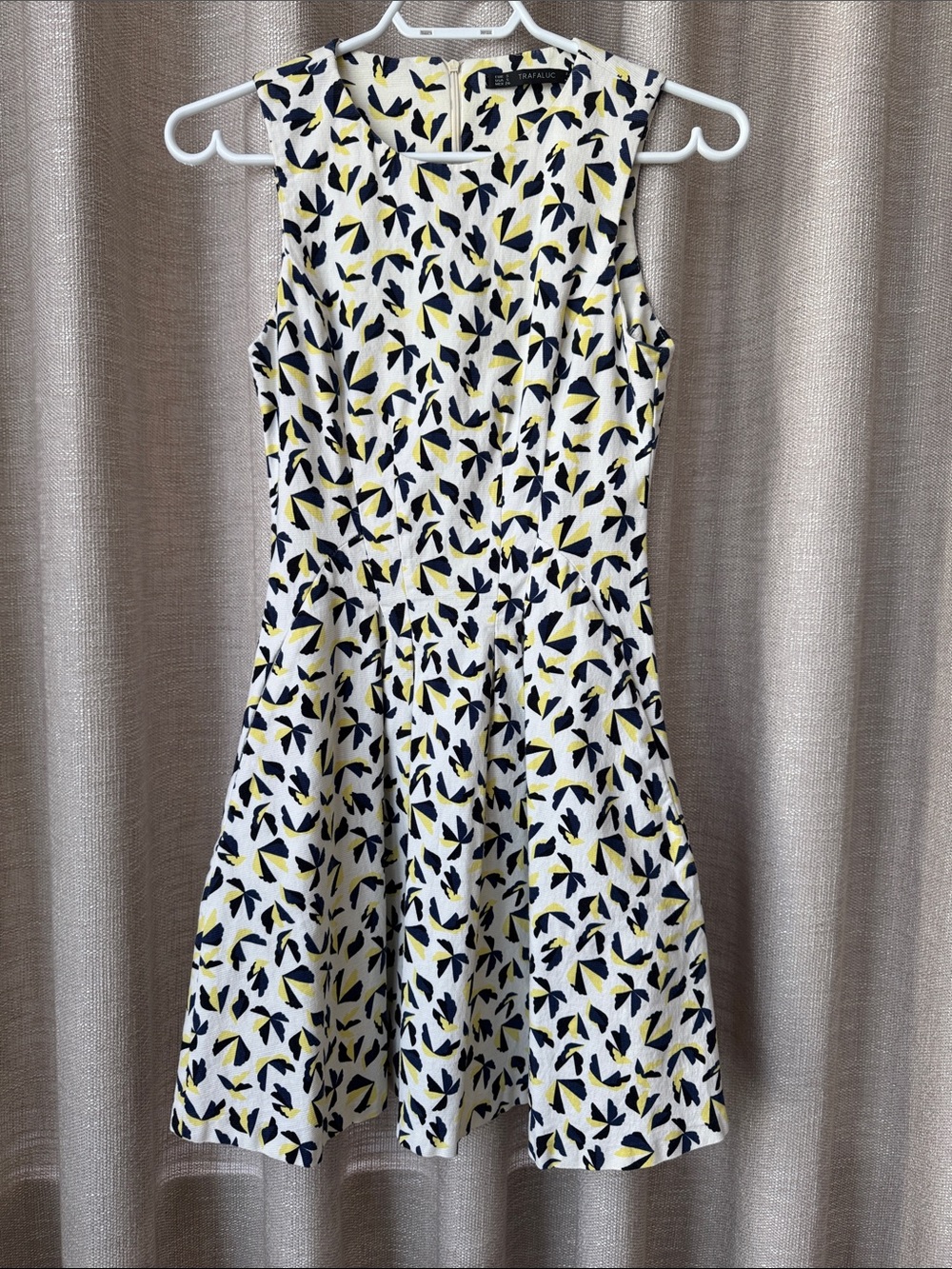 Zara White Mini Dress with Navy & Yellow Abstract Print